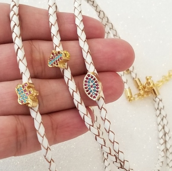 White Braided Leather 🐘 Charm Choker Necklace - Picture 4 of 4